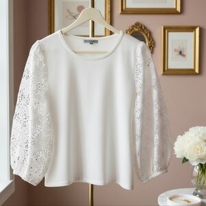 Adrianna Papell White Lace Sleeve Sweater